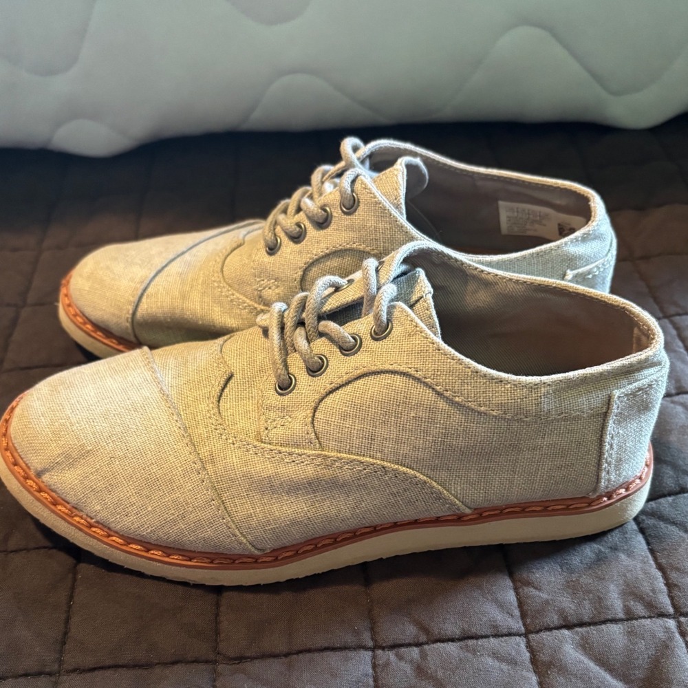 TOMS Kids Grey Canvas Brogue Lace Up Oxford Shoes Size 1.5 Y Youth Dress Casual